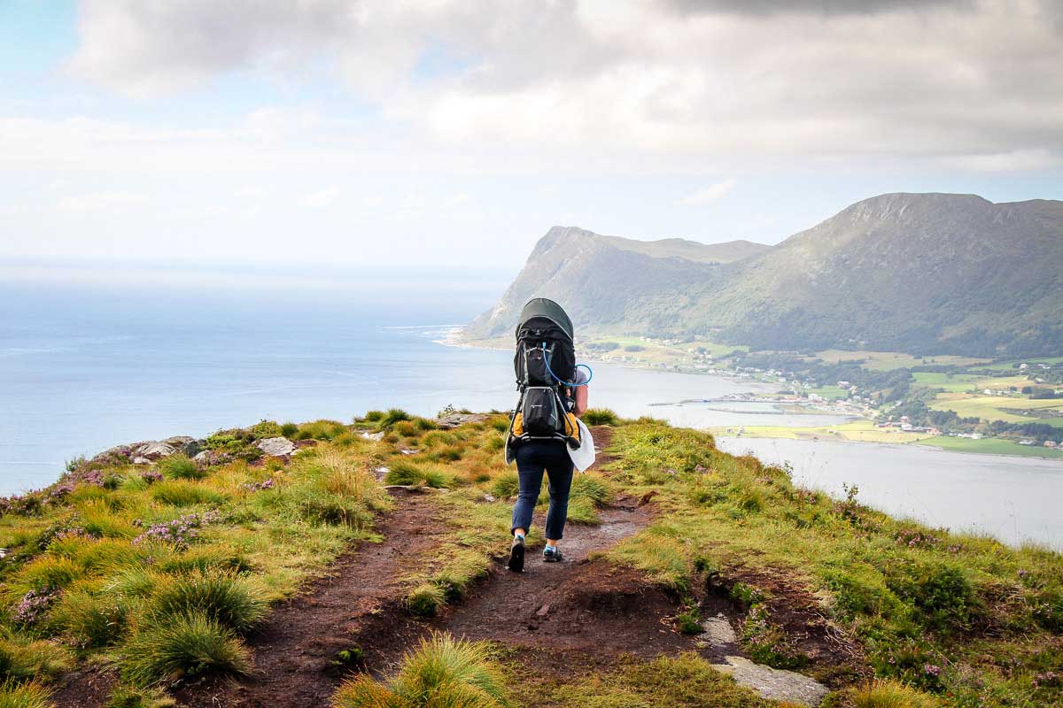 Using backpack carrier for toddler for hiking in Alesund Norway