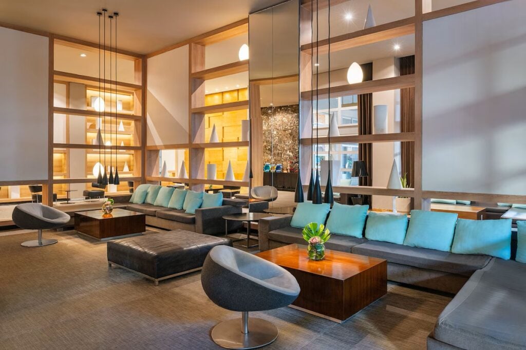 The elegant lobby of the baby-friendly Paradisus Playa del Carmen all-inclusive resort.