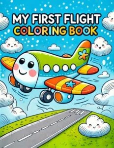 The front cover of "My First Flight - A Coloring Book For Toddlers" by baby travel expert Celine Brewer.
